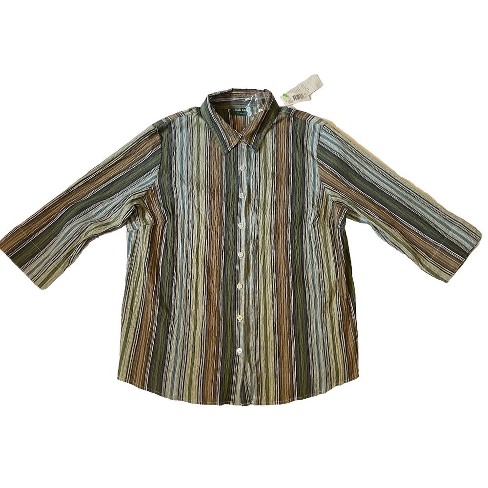 Lemon Grass Womens 1X Green Striped 3/4 Sleeve Button Up Shirt NWT‎